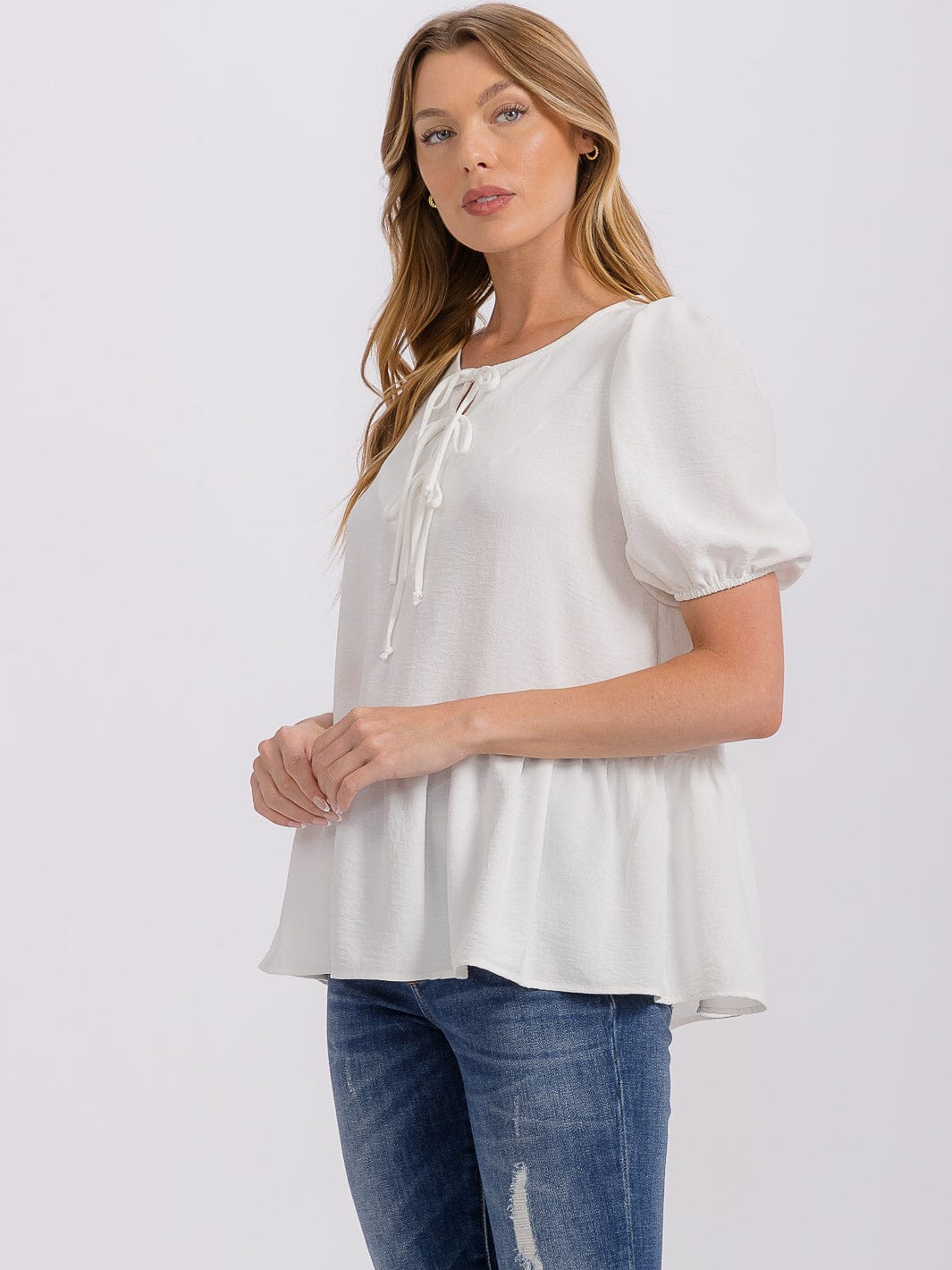 WOMEN'S SHORT PUFF SLEEVE LACE UP PEPLUM BLOUSE