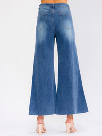 WOMEN'S BUTTON CLOSURE POCKETS BELL LEG WASHED STRETCH DENIM PANTS