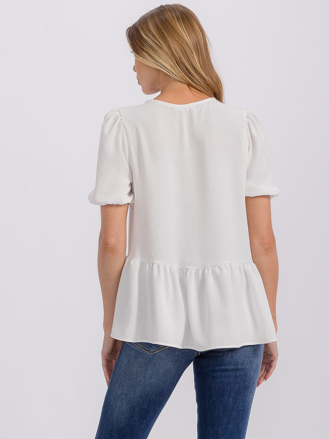 WOMEN'S SHORT PUFF SLEEVE LACE UP PEPLUM BLOUSE