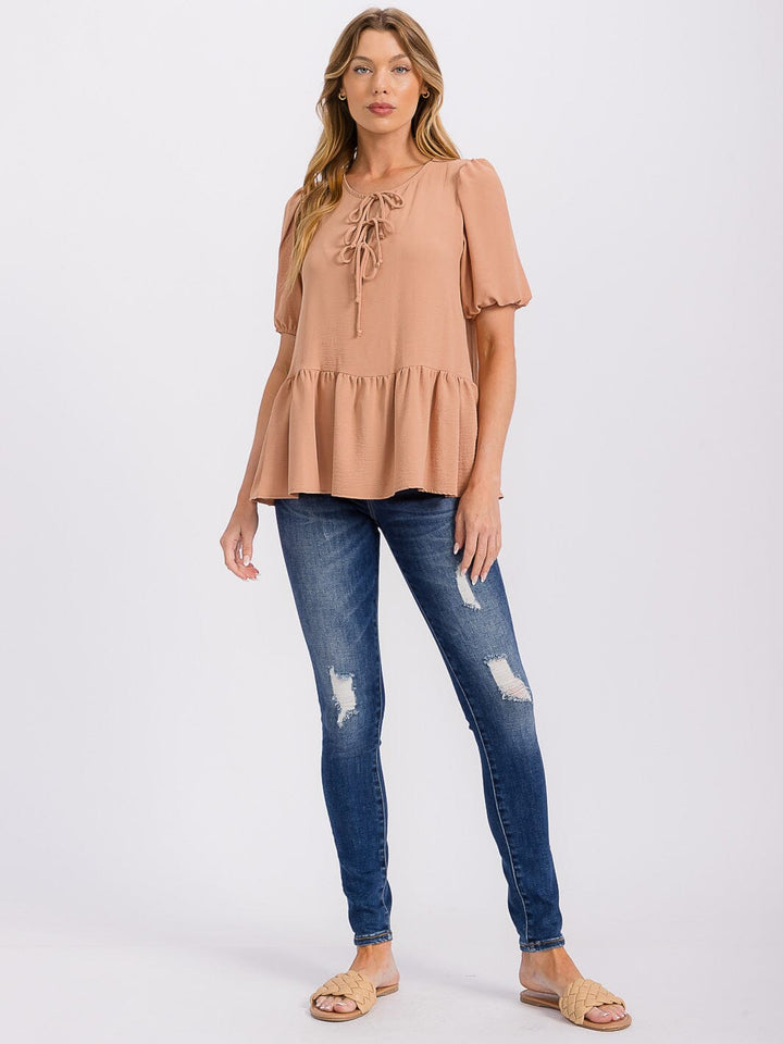 WOMEN'S SHORT PUFF SLEEVE LACE UP PEPLUM BLOUSE