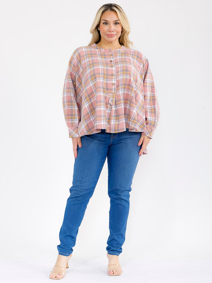 PLUS SIZE LONG SLEEVE BUTTON UP LOOSE FIT PLAID TOP