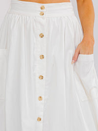 WOMEN'S ELASTIC WAIST BUTTON UP FRONT POCKETS DENIM MIDI SKIRT