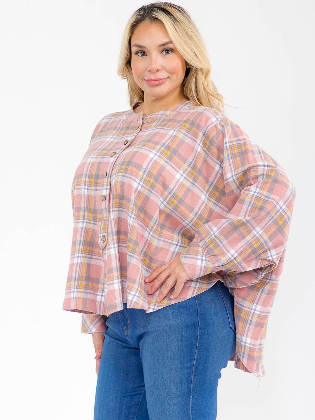 PLUS SIZE LONG SLEEVE BUTTON UP LOOSE FIT PLAID TOP