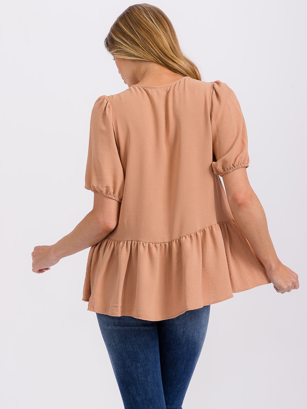 WOMEN'S SHORT PUFF SLEEVE LACE UP PEPLUM BLOUSE