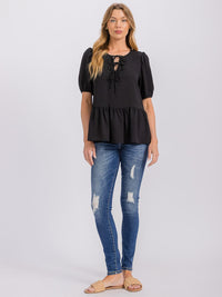 WOMEN'S SHORT PUFF SLEEVE LACE UP PEPLUM BLOUSE