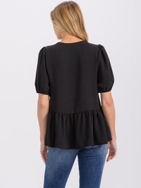 WOMEN'S SHORT PUFF SLEEVE LACE UP PEPLUM BLOUSE