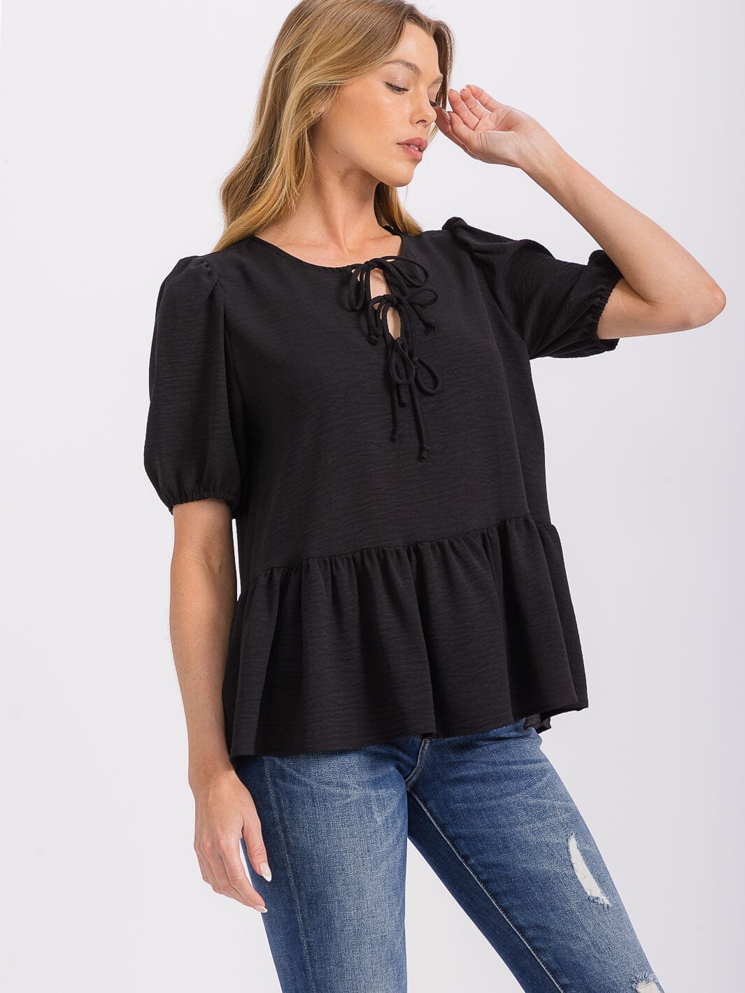 WOMEN'S SHORT PUFF SLEEVE LACE UP PEPLUM BLOUSE