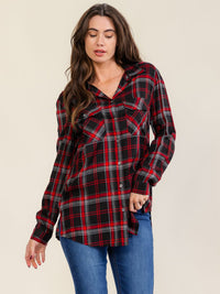WOMEN'S LONG SLEEVE V-NECK BUTTON CLOSURE FRONT POCKET PLAID SHIRT