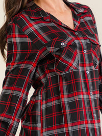 WOMEN'S LONG SLEEVE V-NECK BUTTON CLOSURE FRONT POCKET PLAID SHIRT