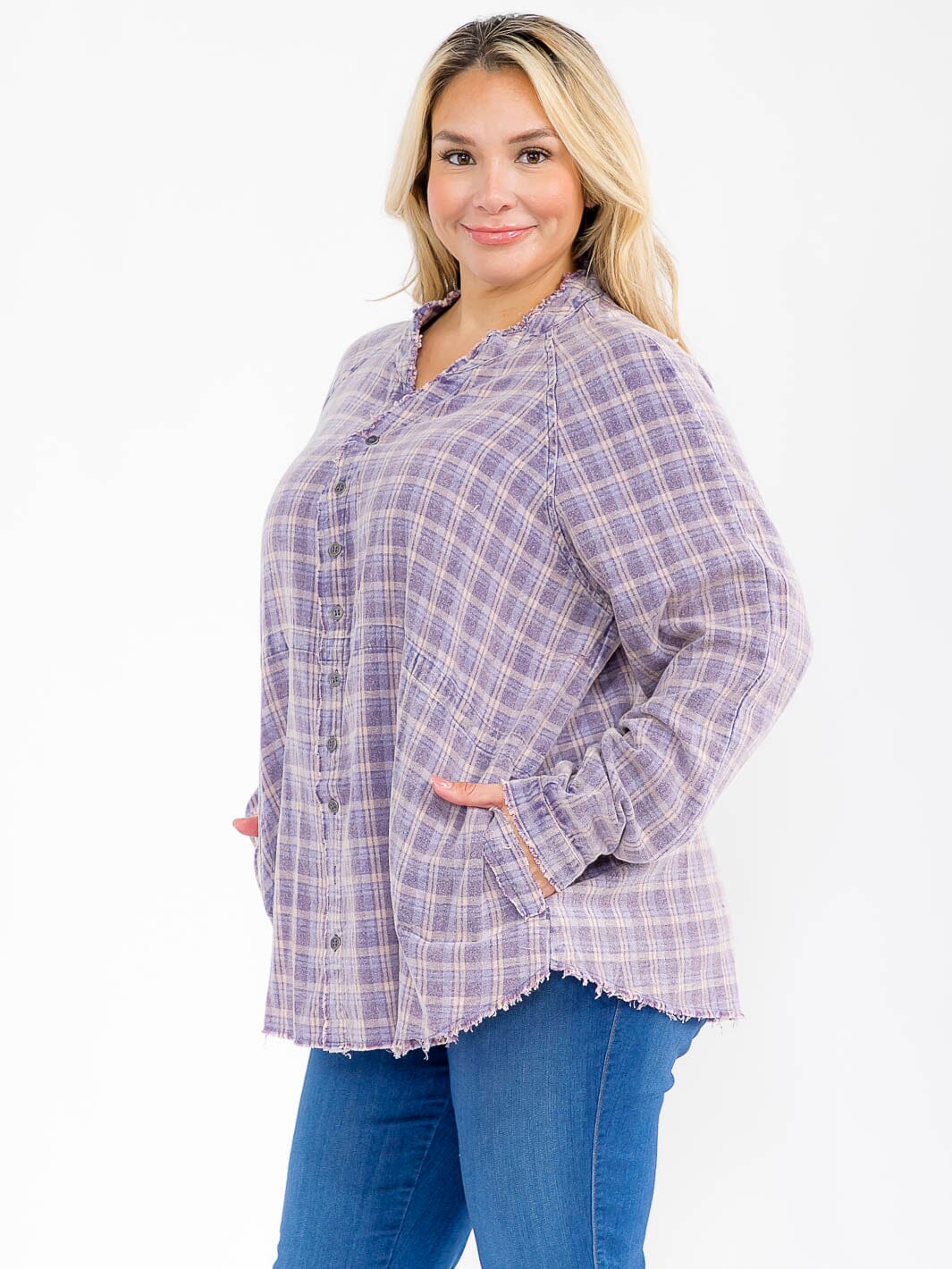 PLUS SIZE LONG SLEEVE BUTTON UP FRONT POCKETS PLAID TOP