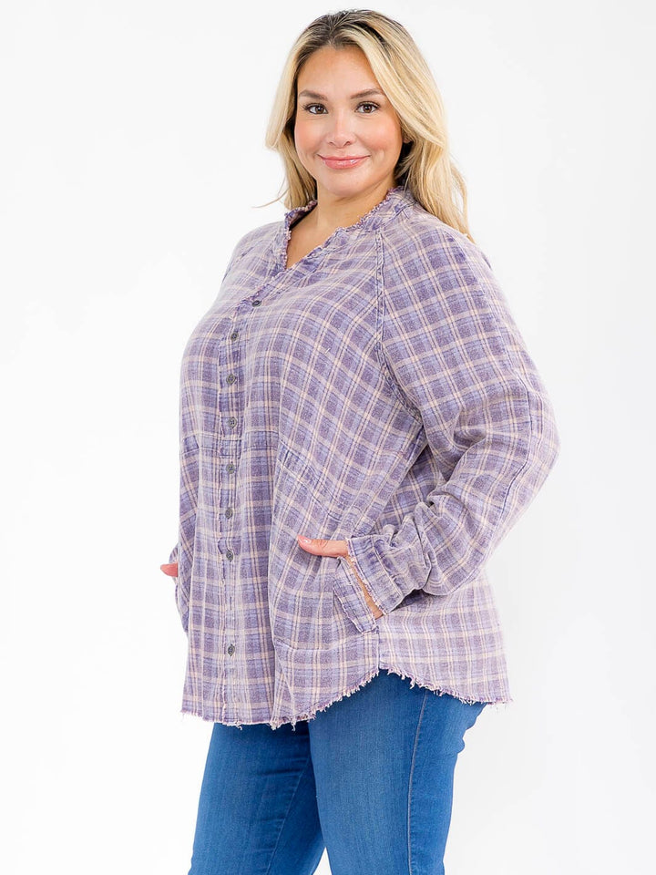PLUS SIZE LONG SLEEVE BUTTON UP FRONT POCKETS PLAID TOP