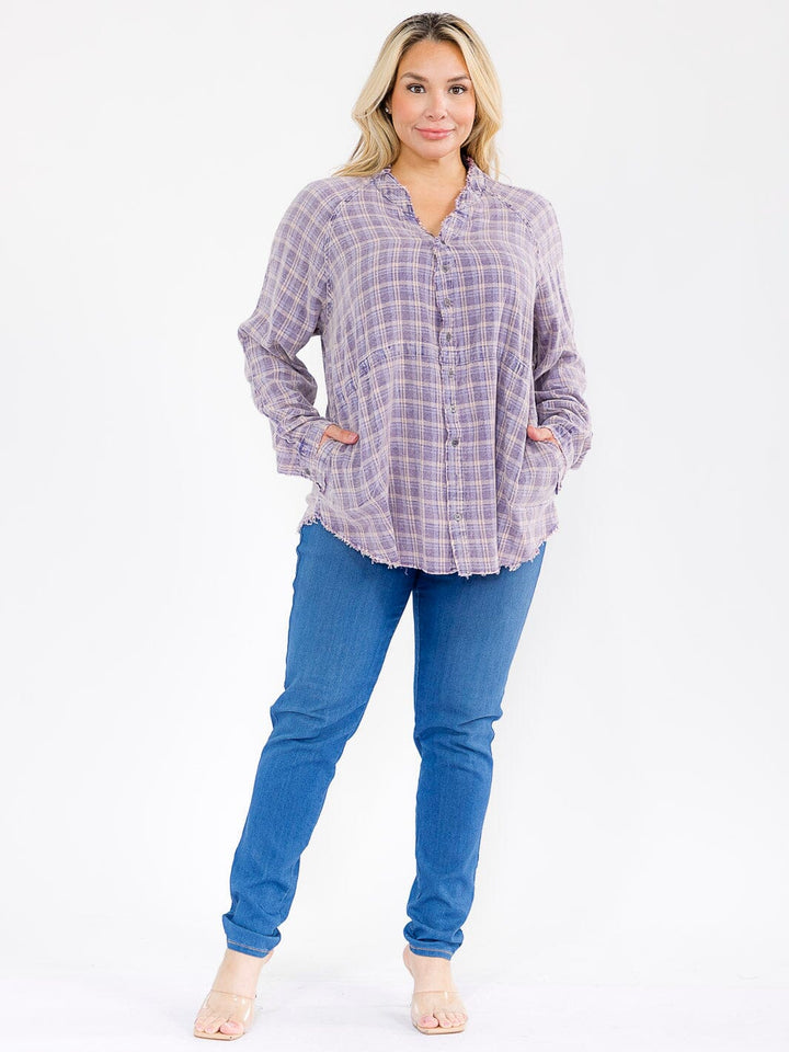 PLUS SIZE LONG SLEEVE BUTTON UP FRONT POCKETS PLAID TOP