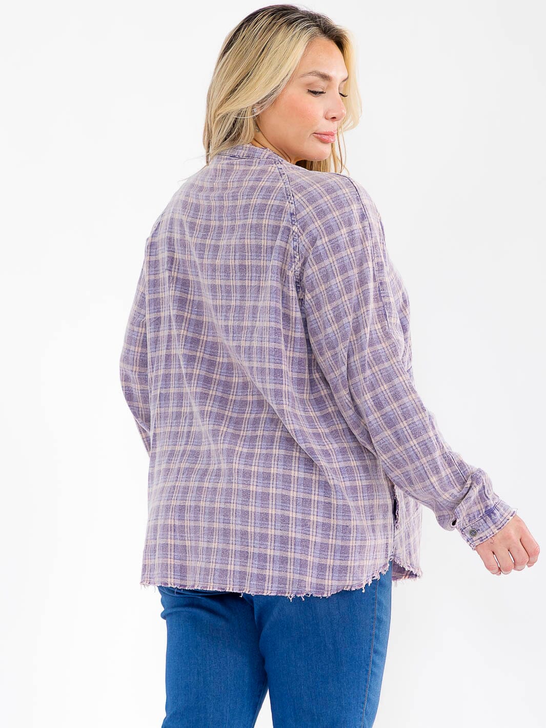 PLUS SIZE LONG SLEEVE BUTTON UP FRONT POCKETS PLAID TOP