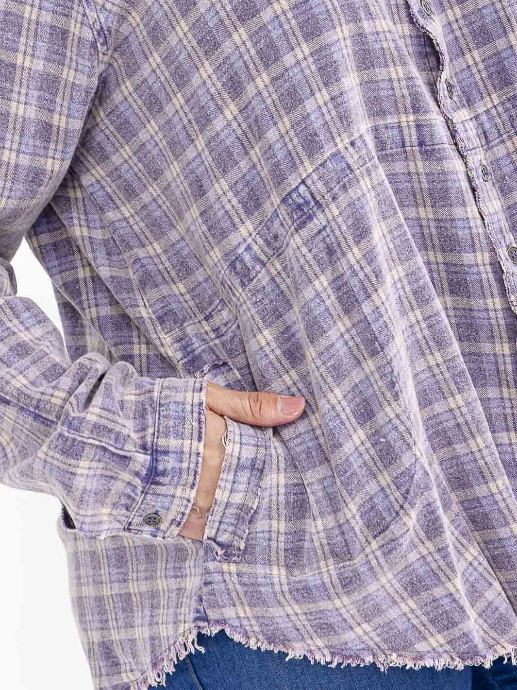 PLUS SIZE LONG SLEEVE BUTTON UP FRONT POCKETS PLAID TOP