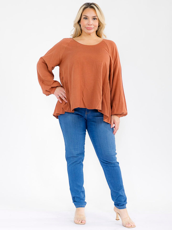 PLUS SIZE LONG PUFF SLEEVE OPEN BACK TUNIC TOP