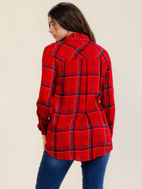 WOMEN'S LONG SLEEVE V-NECK BUTTON CLOSURE FRONT POCKET PLAID SHIRT