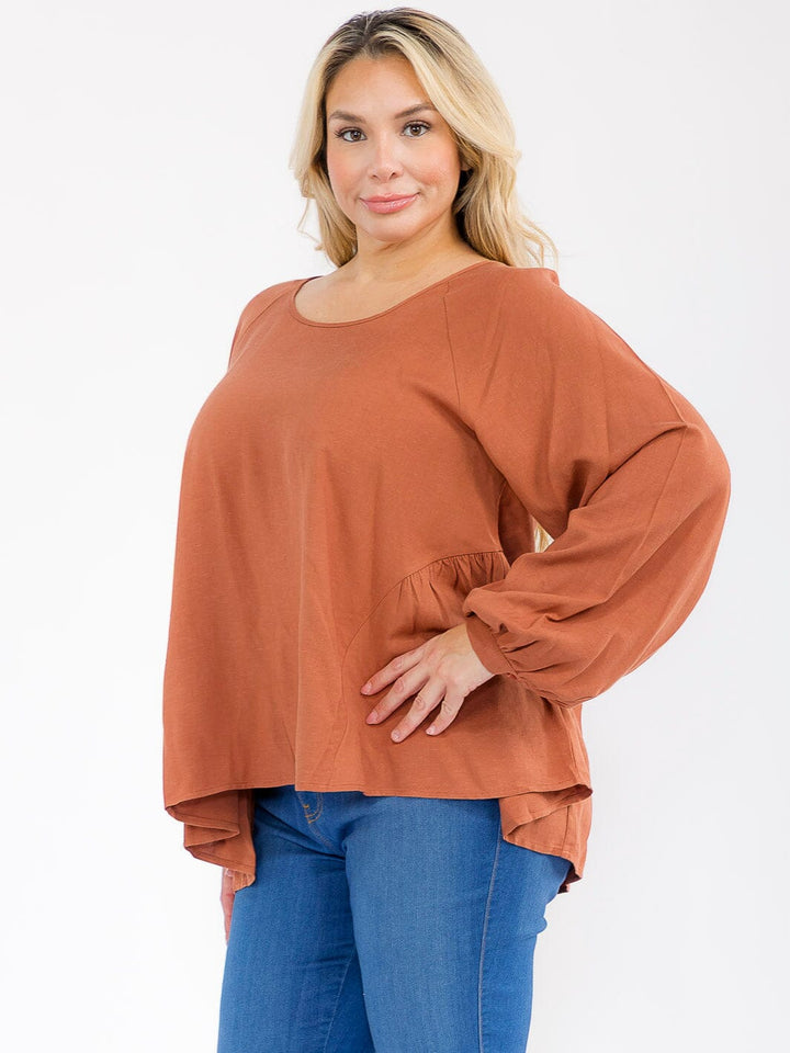 PLUS SIZE LONG PUFF SLEEVE OPEN BACK TUNIC TOP