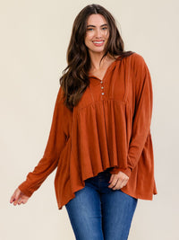 WOMEN'S LONG SLEEVE V-NECK BUTTON CLOSURE TUNIC TOP