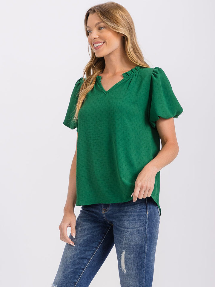 WOMEN'S SHORT PUFF SLEEVE V-NECK DETAILED BLOUSE