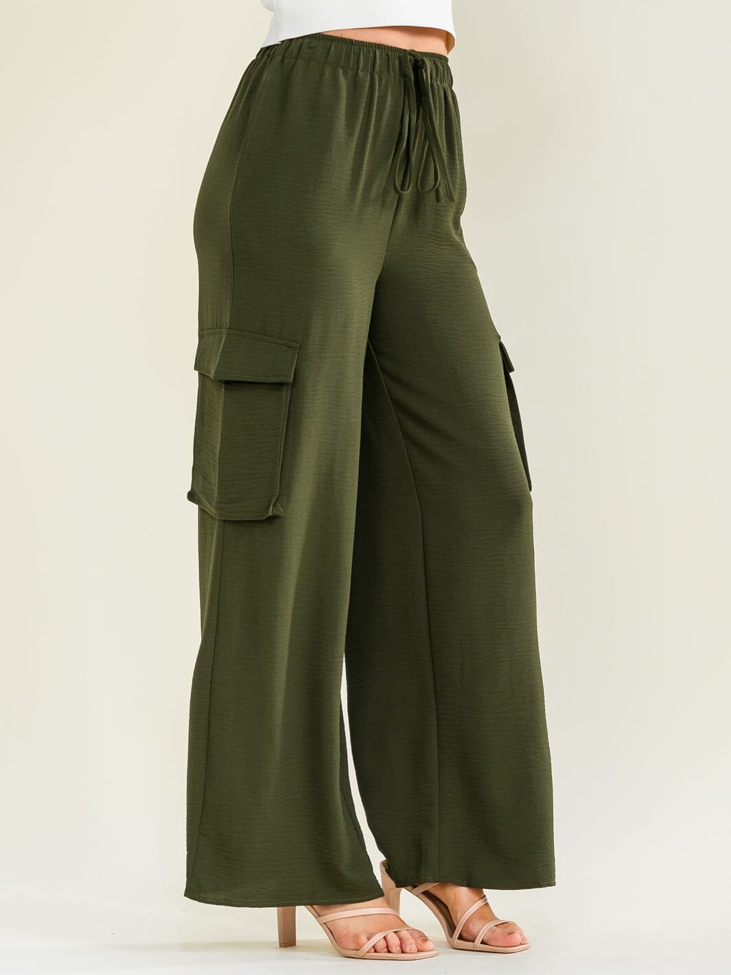 ENTRO WOMEN'S ELASTIC WAIST SELF TIE CARGO POCKETS WIDE LEG PANTS