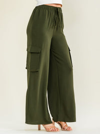 ENTRO WOMEN'S ELASTIC WAIST SELF TIE CARGO POCKETS WIDE LEG PANTS