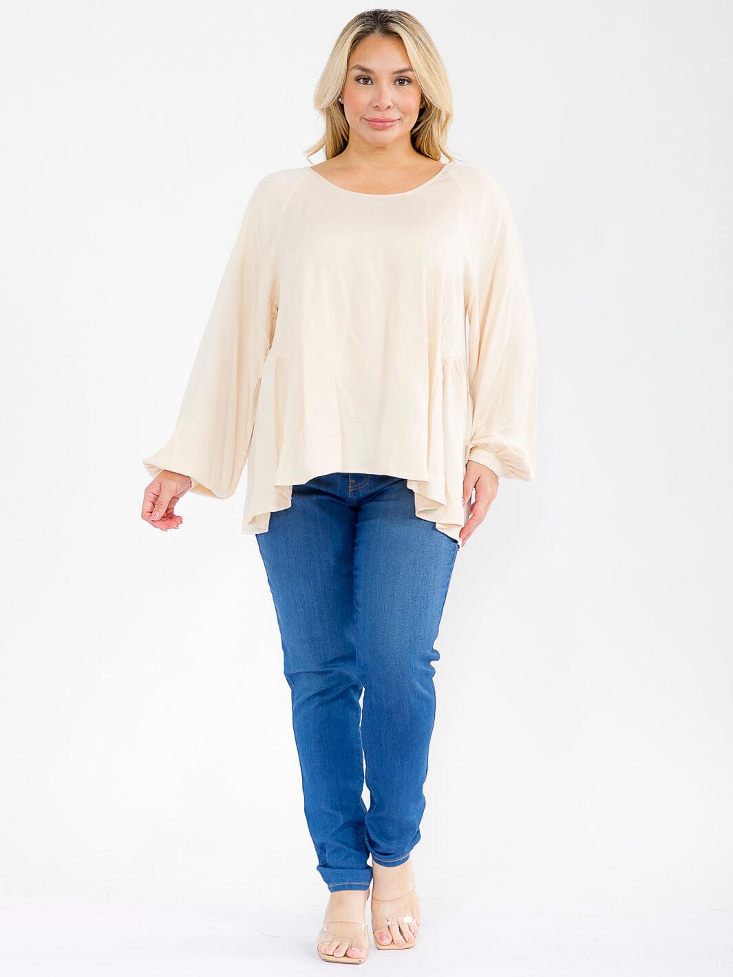 PLUS SIZE LONG PUFF SLEEVE OPEN BACK TUNIC TOP