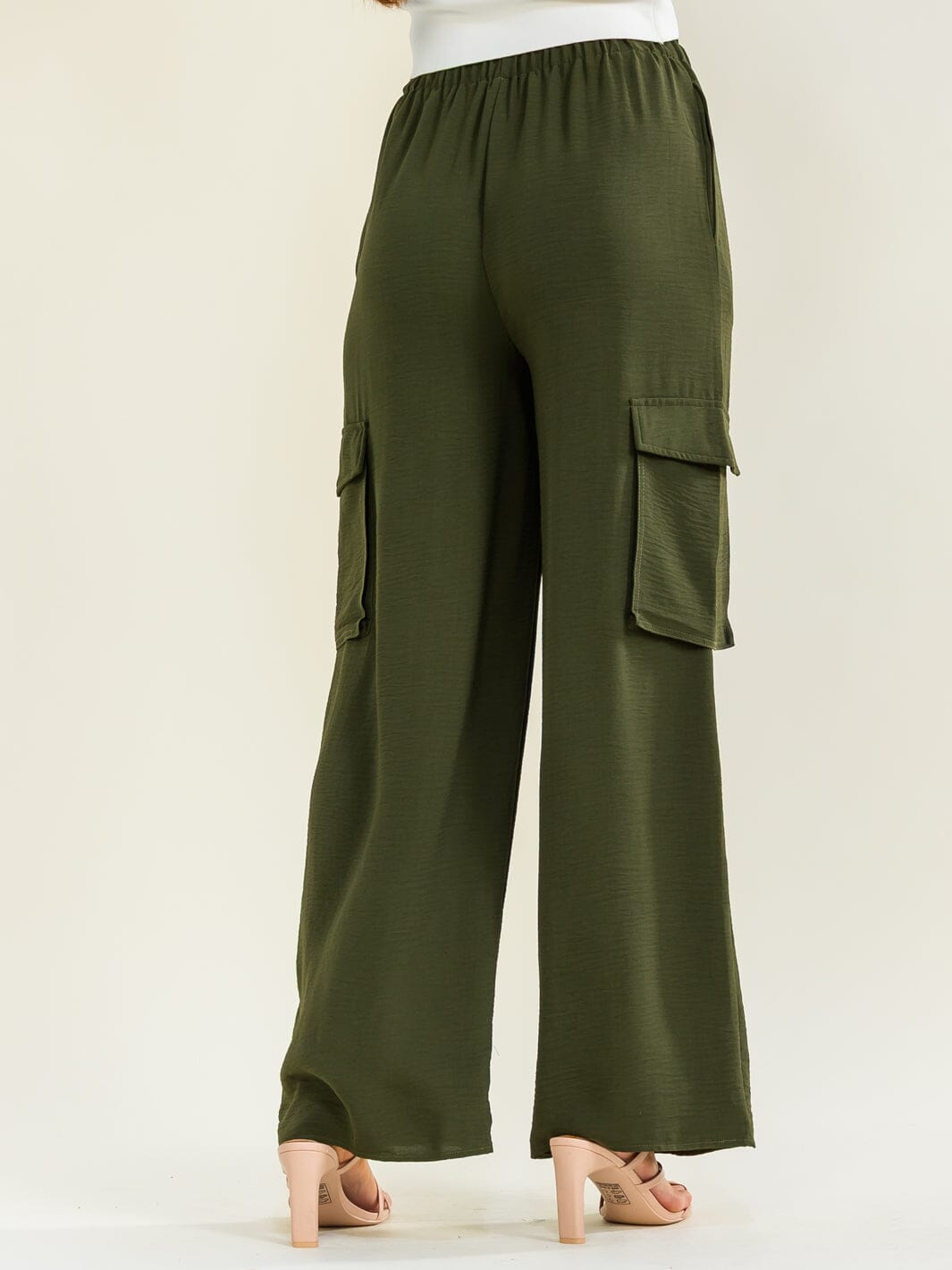 ENTRO WOMEN'S ELASTIC WAIST SELF TIE CARGO POCKETS WIDE LEG PANTS