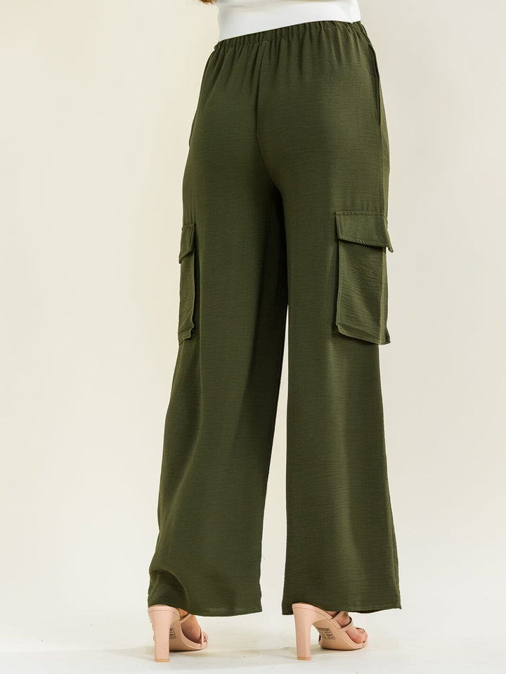 ENTRO WOMEN'S ELASTIC WAIST SELF TIE CARGO POCKETS WIDE LEG PANTS