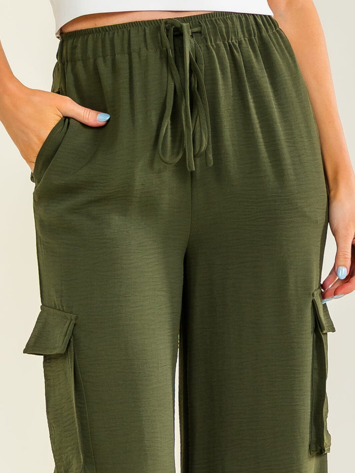 ENTRO WOMEN'S ELASTIC WAIST SELF TIE CARGO POCKETS WIDE LEG PANTS