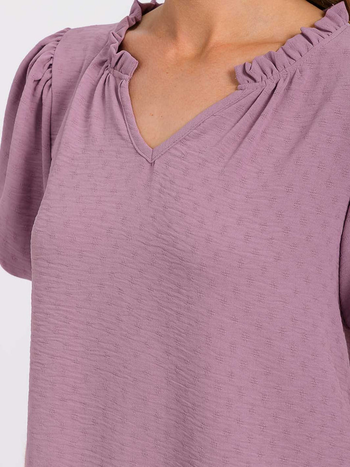 WOMEN'S SHORT PUFF SLEEVE V-NECK DETAILED BLOUSE