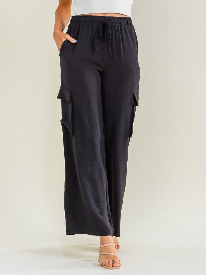 ENTRO WOMEN'S ELASTIC WAIST SELF TIE CARGO POCKETS WIDE LEG PANTS