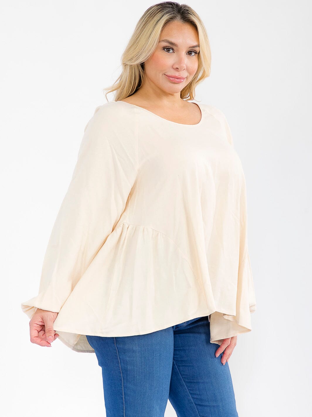 PLUS SIZE LONG PUFF SLEEVE OPEN BACK TUNIC TOP