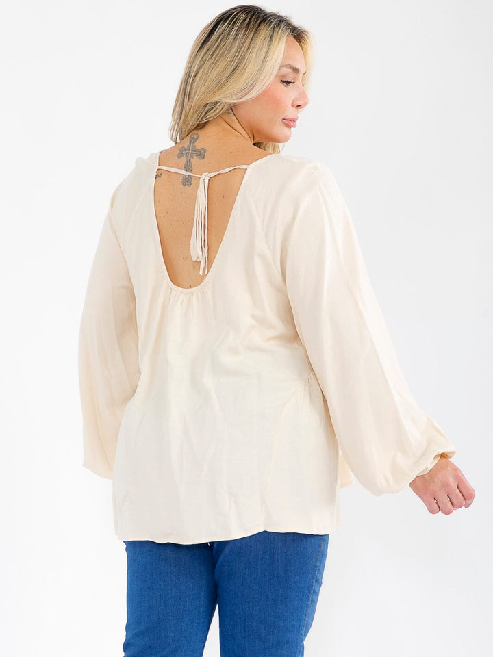 PLUS SIZE LONG PUFF SLEEVE OPEN BACK TUNIC TOP