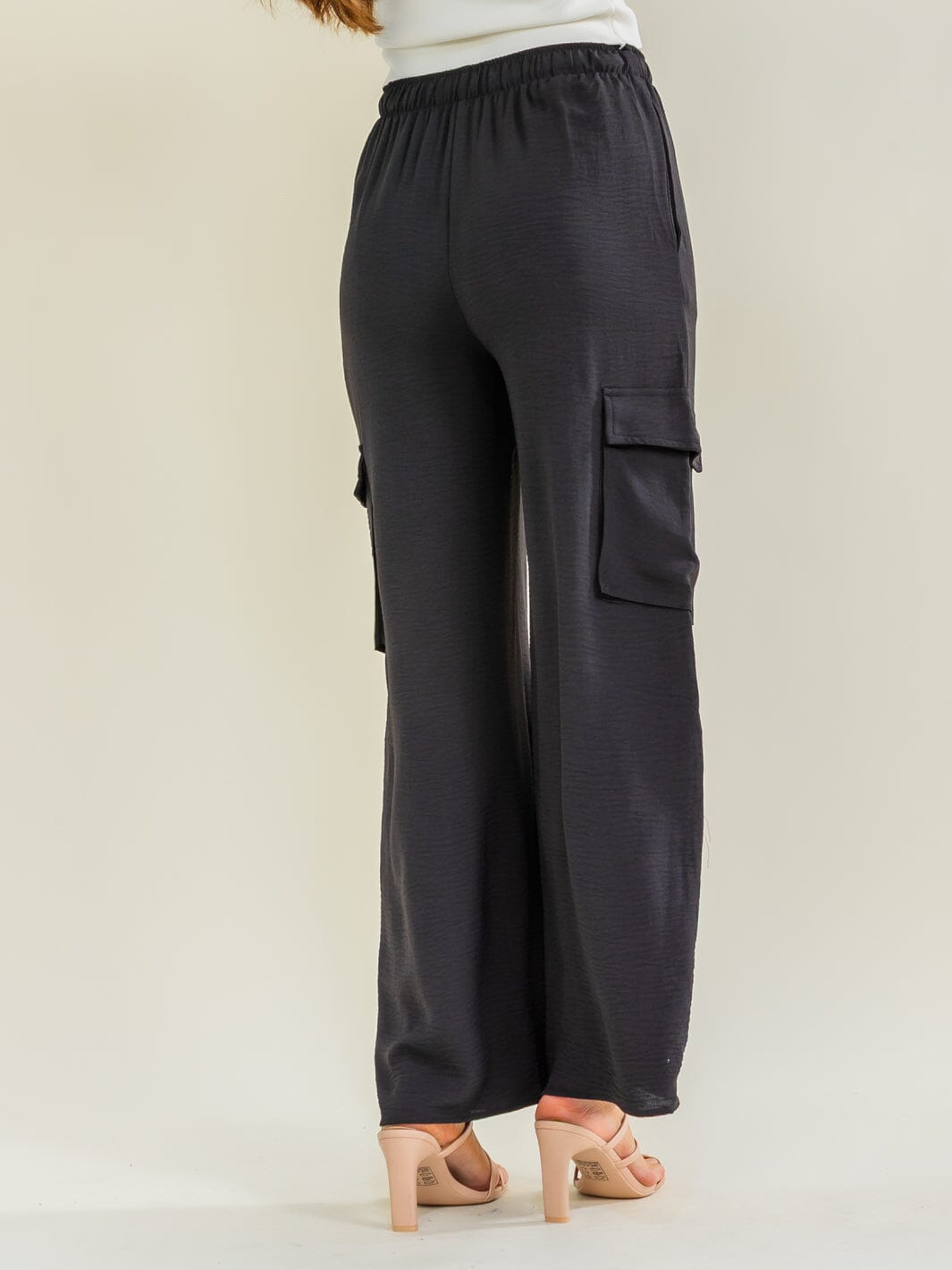 ENTRO WOMEN'S ELASTIC WAIST SELF TIE CARGO POCKETS WIDE LEG PANTS