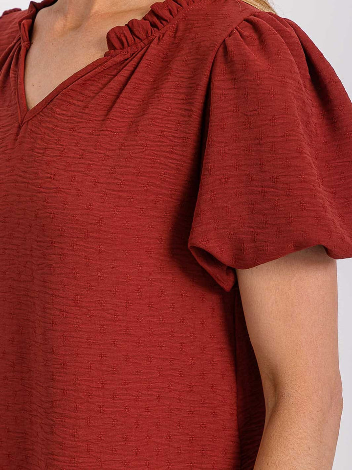 WOMEN'S SHORT PUFF SLEEVE V-NECK DETAILED BLOUSE