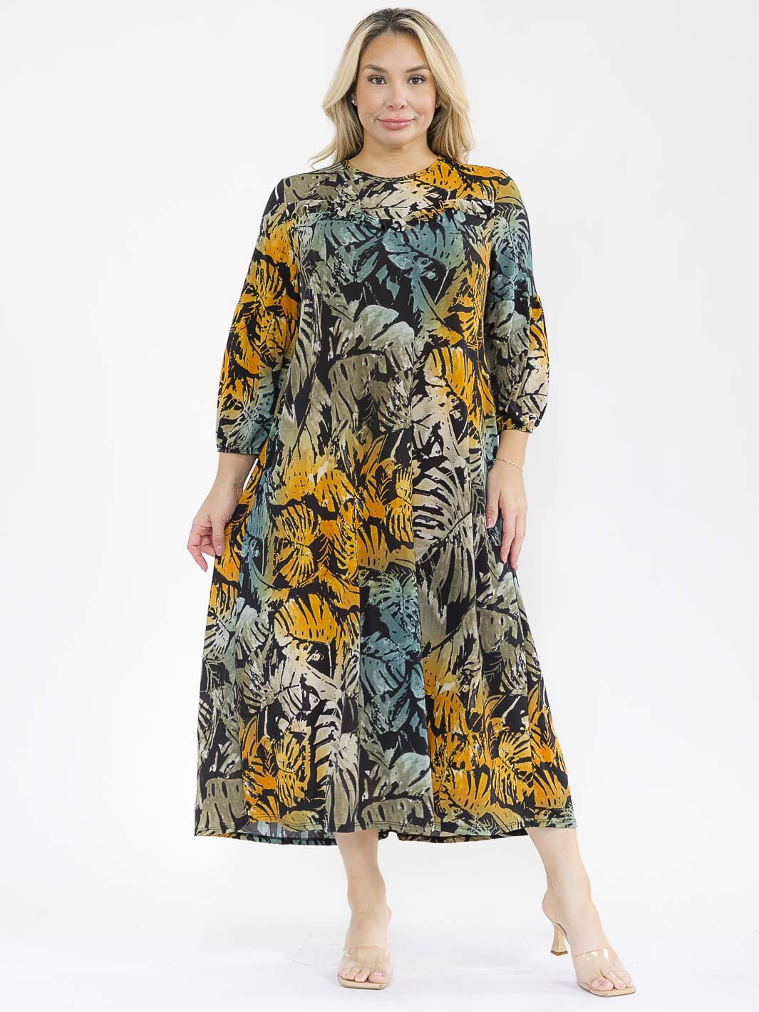 PLUS SIZE 3/4 SLEEVE FRONT POCKETS LEAF PRINT MAXI DRESS