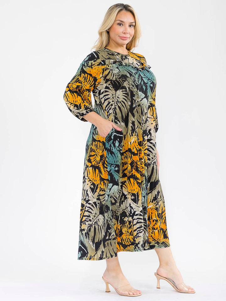 PLUS SIZE 3/4 SLEEVE FRONT POCKETS LEAF PRINT MAXI DRESS