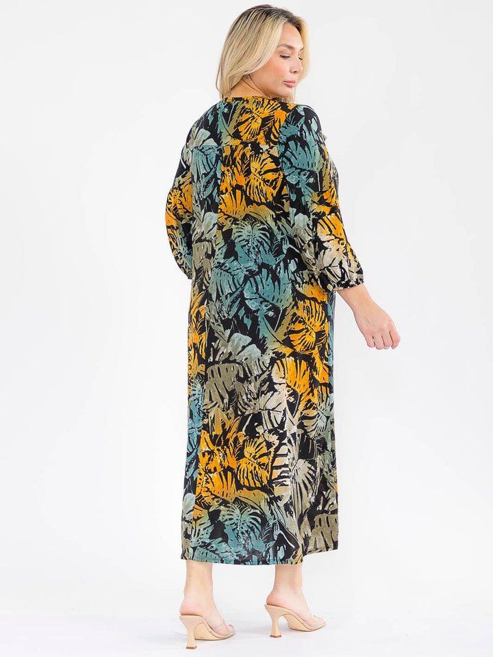 PLUS SIZE 3/4 SLEEVE FRONT POCKETS LEAF PRINT MAXI DRESS