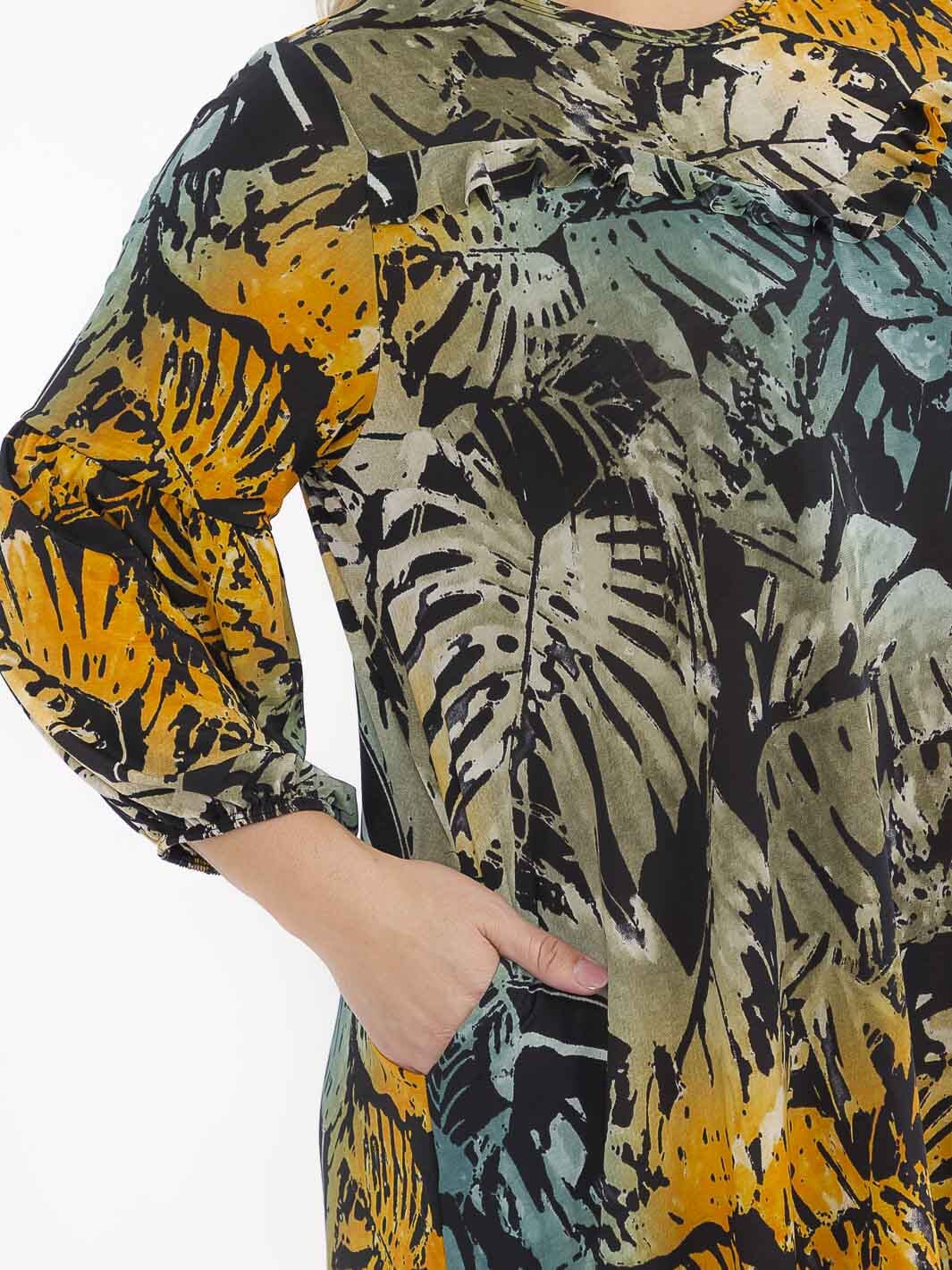 PLUS SIZE 3/4 SLEEVE FRONT POCKETS LEAF PRINT MAXI DRESS