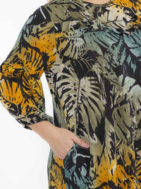 PLUS SIZE 3/4 SLEEVE FRONT POCKETS LEAF PRINT MAXI DRESS
