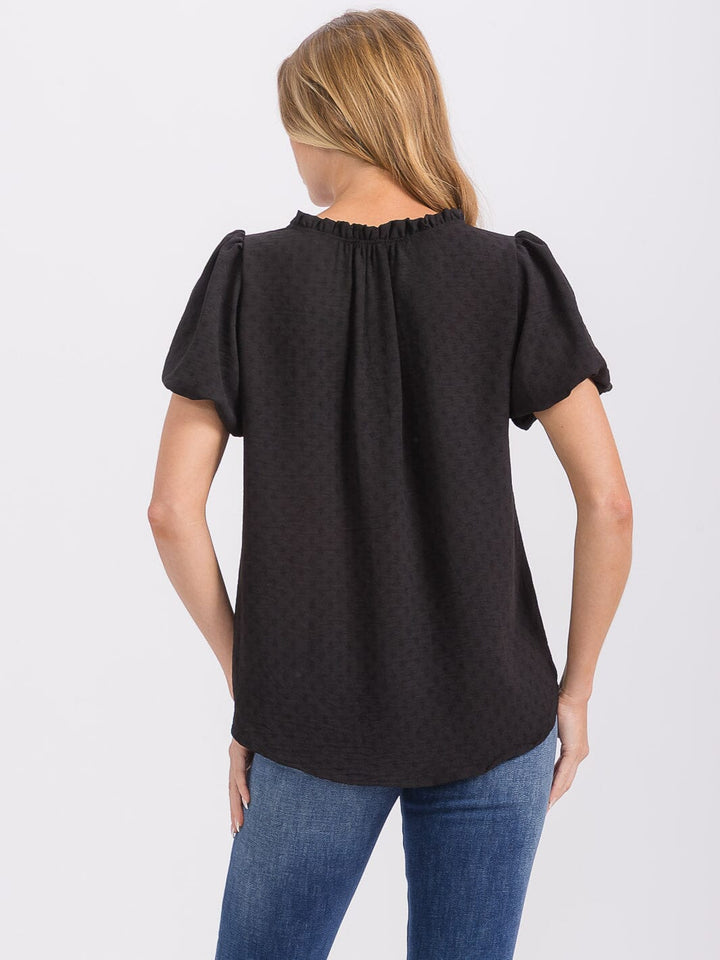 WOMEN'S SHORT PUFF SLEEVE V-NECK DETAILED BLOUSE