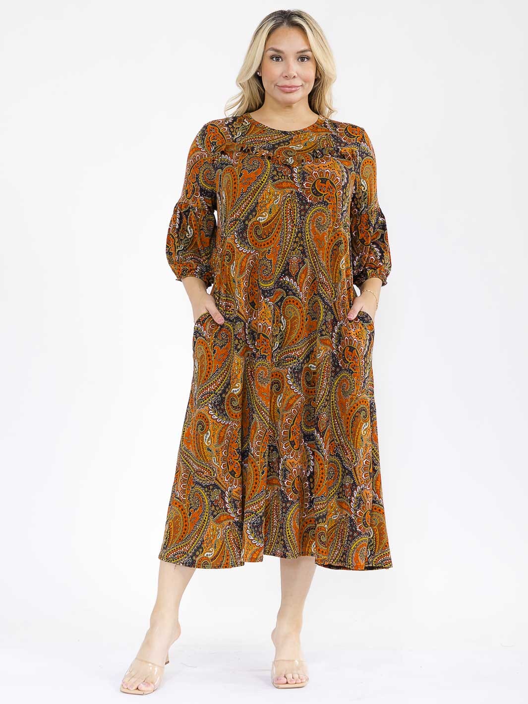 PLUS SIZE 3/4 SLEEVE FRONT POCKETS MULTI PRINT MAXI DRESS