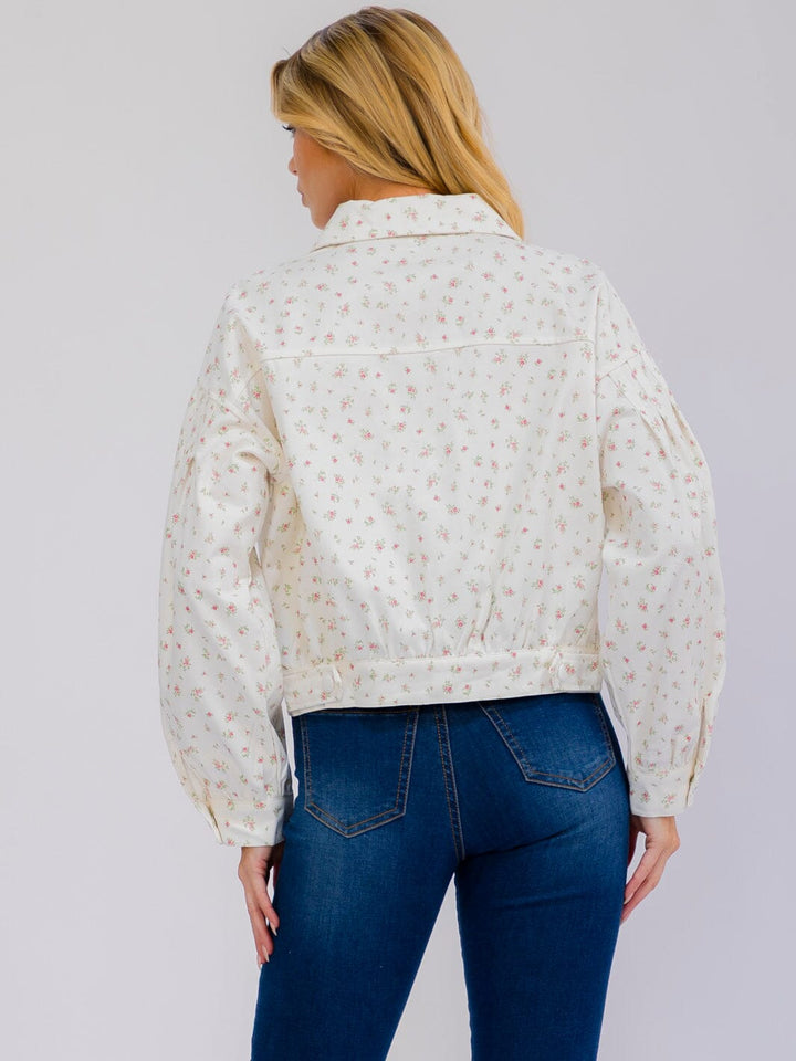 WOMEN'S LONG SLEEVE BUTTON UP FLORAL DENIM JACKET