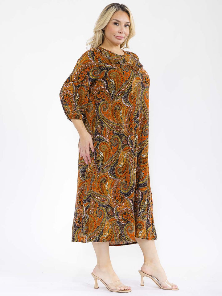 PLUS SIZE 3/4 SLEEVE FRONT POCKETS MULTI PRINT MAXI DRESS