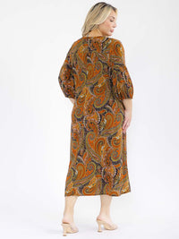 PLUS SIZE 3/4 SLEEVE FRONT POCKETS MULTI PRINT MAXI DRESS