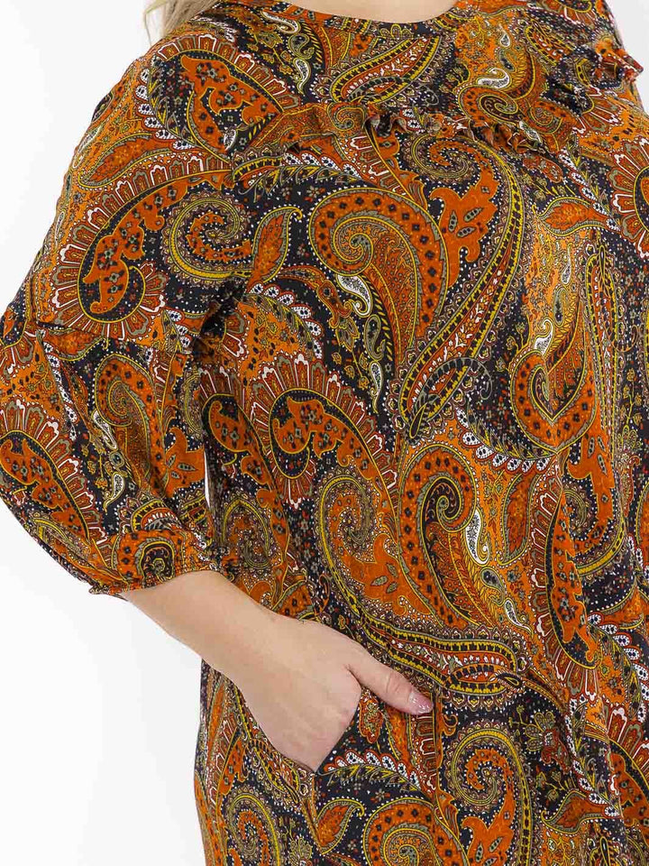 PLUS SIZE 3/4 SLEEVE FRONT POCKETS MULTI PRINT MAXI DRESS