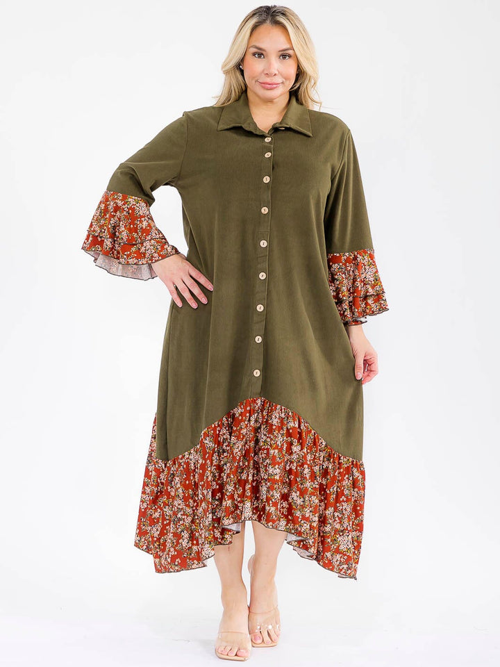 PLUS SIZE LONG BELL SLEEVE BUTTON UP FRONT POCKETS FLORAL CONTRAST MAXI DRESS