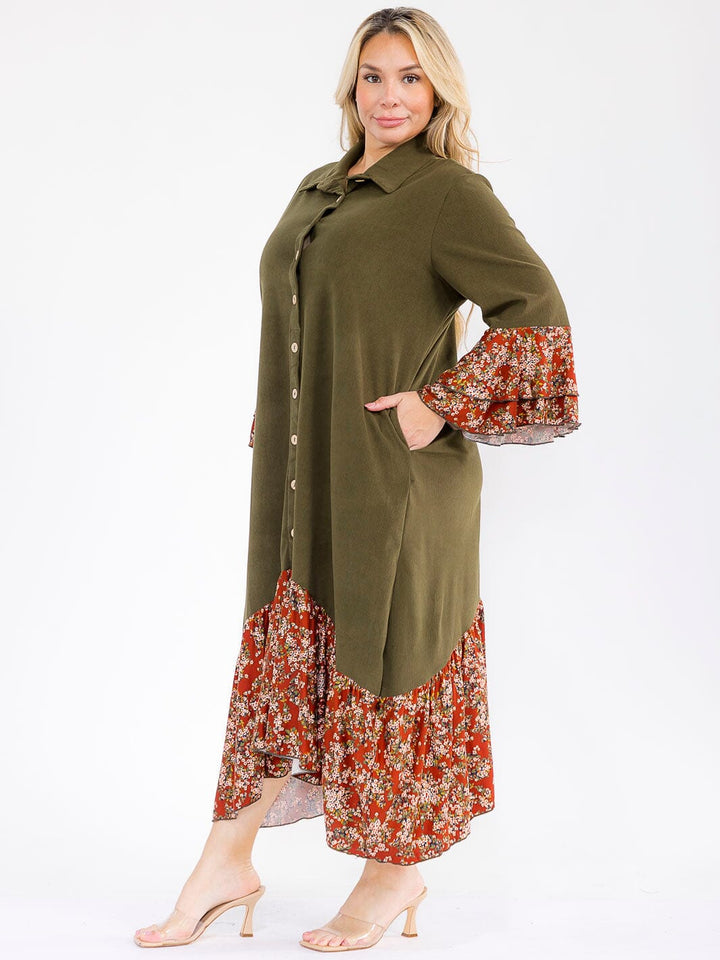 PLUS SIZE LONG BELL SLEEVE BUTTON UP FRONT POCKETS FLORAL CONTRAST MAXI DRESS