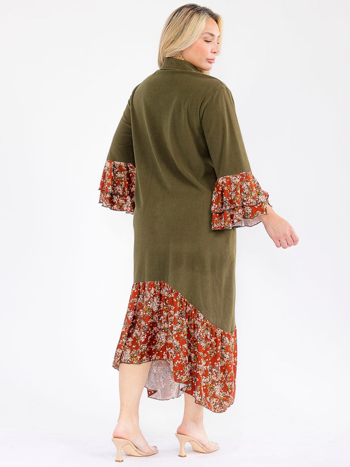 PLUS SIZE LONG BELL SLEEVE BUTTON UP FRONT POCKETS FLORAL CONTRAST MAXI DRESS