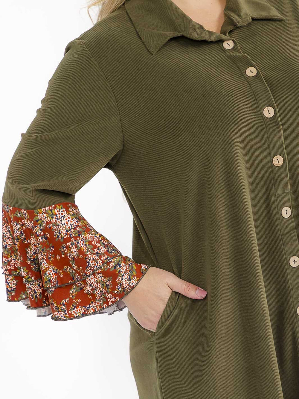 PLUS SIZE LONG BELL SLEEVE BUTTON UP FRONT POCKETS FLORAL CONTRAST MAXI DRESS